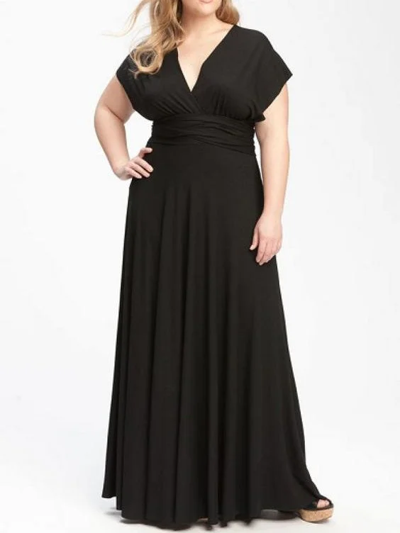 Limited Availability Black Plus Size Prom Dresses V-neck Chiffon Floor-length Sexy Prom Dress JKP024