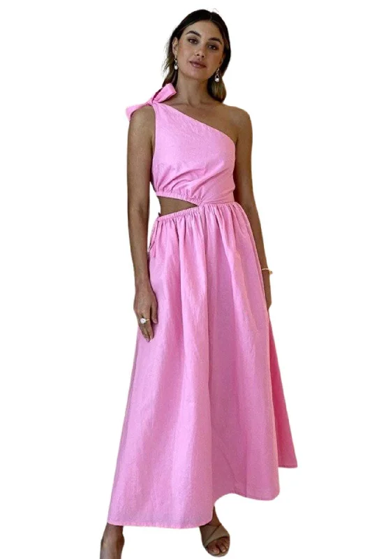 Online Only pleated dresspleated dressBY NICOLA Gabriella One Shoulder Midi Dress (Pink Grapefruit)