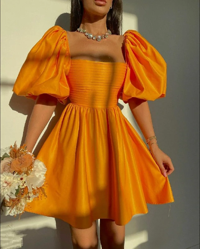 Blowout Sale classic fit-and-flare dressclassic fit-and-flare dressRetro Style Orange Puff Sleeve A-line Homecoming Dress,Orange Cocktail Dress Y5064