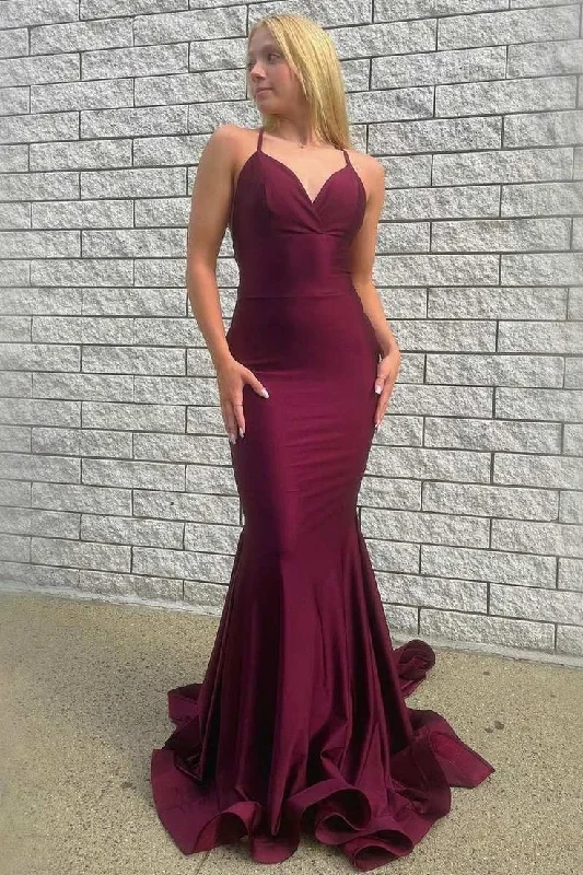 Super Sale luxury dressluxury dressBurgundy V-Neck Lace-Up Back Trumpet Long Prom Gown Y4623