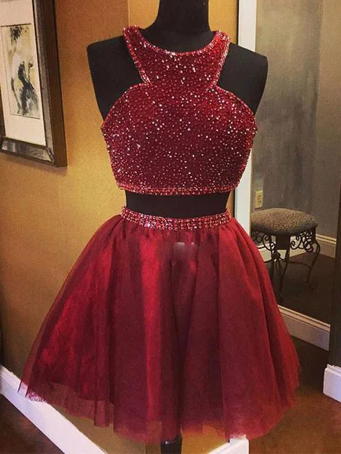 Closeout Sale Two Piece Homecoming Dress Halter Burgundy Tulle Short Prom Dress Party Dress JK398