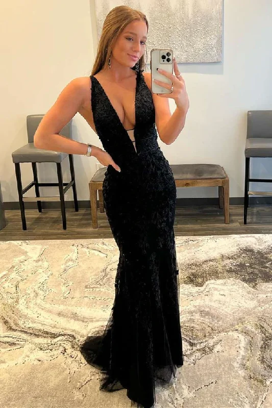 Special Buy V Neck Mermaid Black Lace Long Prom Dress, Mermaid Black Formal Dress GJS699