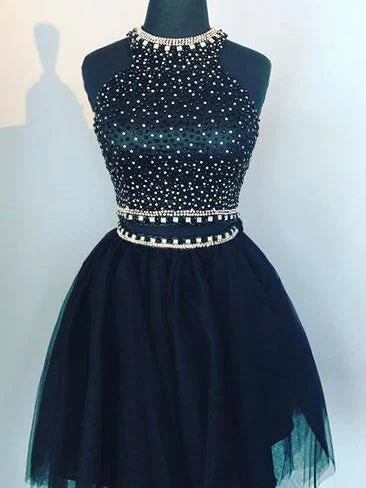 Today’s Special Two Piece Homecoming Dress Halter Sexy Dark Navy Short Prom Dress Party Dress JK405
