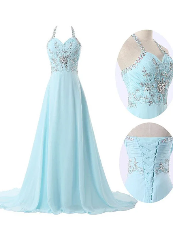 Price Reduction A-line Chiffon Straps Sweep Brush Train Chiffon Evening Dress Prom Dresses SP8489