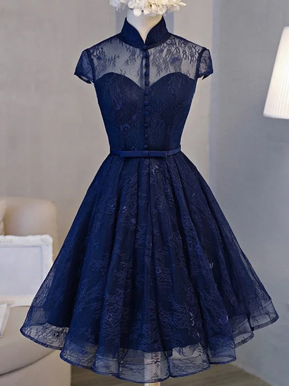 Price Drop High Neck Homecoming Dress Lace Dark Navy Lace-up Short Prom Dress Party Dress JK042