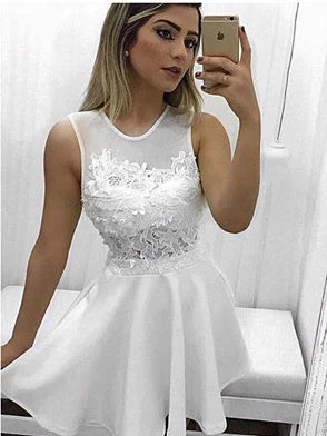 Crazy Deals Chic White Homecoming Dress Scoop Satin Appliques Short Prom Dress Party Dress JK349