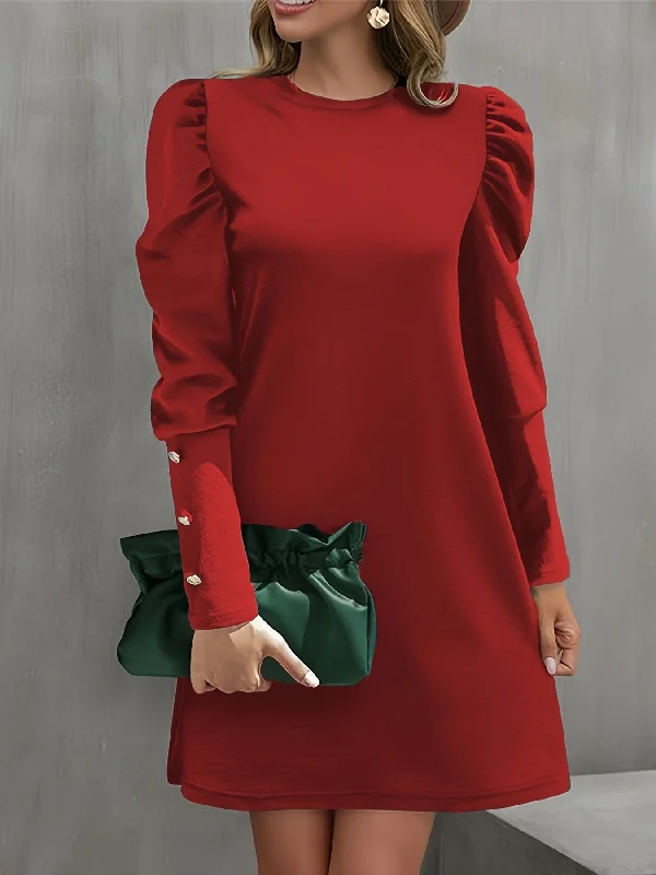 Amazing Deals Solid Crew Neck Dress, Elegant Puff Sleeve Button Decor Dress