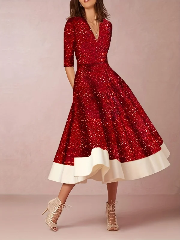 Huge Discounts Floral Print Deep V Neck Flared Dress, Elegant Long Sleeve Ruffle Hem Midi Dress