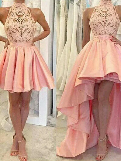 Massive Deals Chic High Low Prom Dresses Asymmetrical Appliques Pink High Neck Prom Dress/Evening Dress JKL331