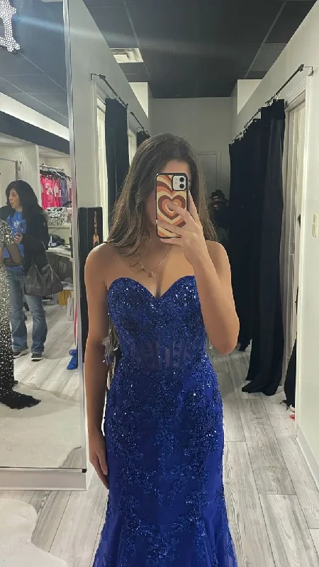 Exclusive Savings A-line dressA-line dressSweetheart Royal Blue Tulle Lace Formal Gown,Royal Blue Mermaid Sleeveless Evening Dress Y1203