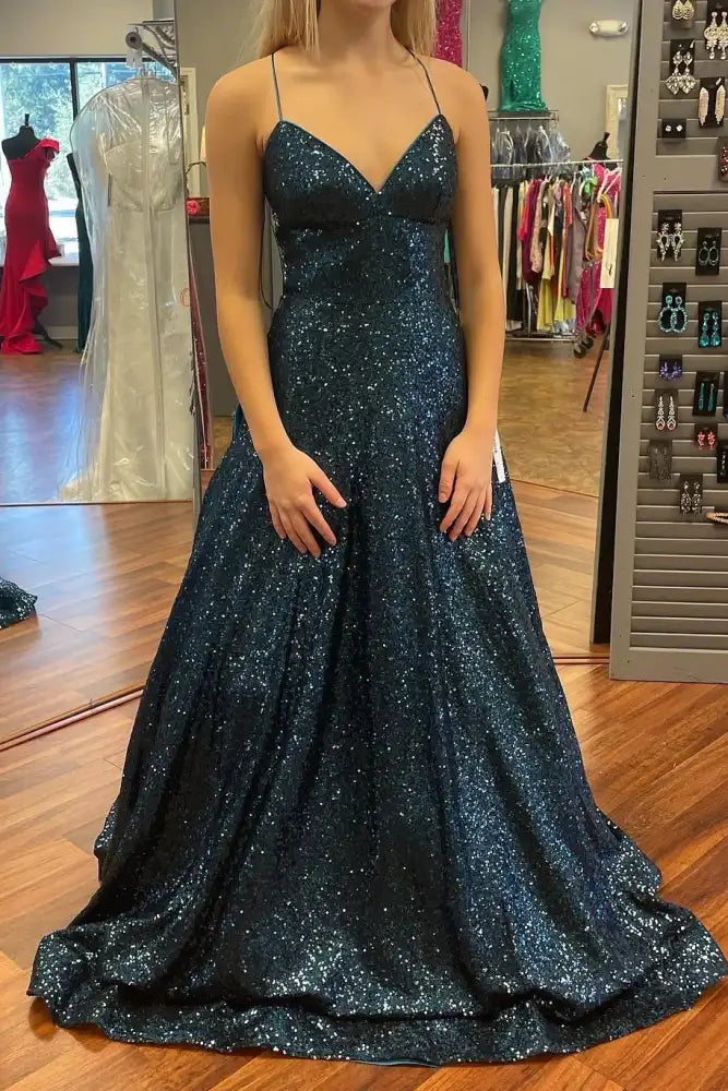 Year-End Sale fitted bodycon dressfitted bodycon dressSparkly V-Neck Spaghetti Straps A-Line Prom Dress