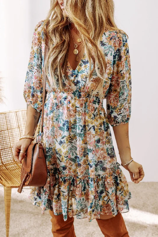 Stock Up and Save Sky Blue Floral 3/4 Sleeve V Neck High Waist Ruffled Dress