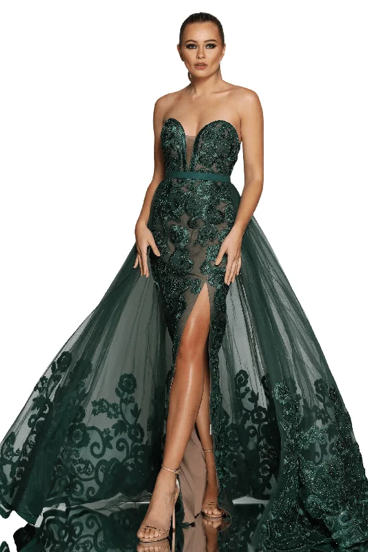 Super Savings lace dresslace dressJADORE Sienna Gown with Overskirt JX1067 (Emerald)- RRP $899