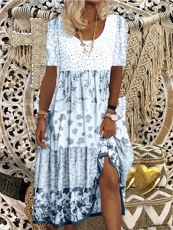 Closeout Colorblock Floral Print Dress - Comfortable and Stylish Short Sleeve High Stretch Dress