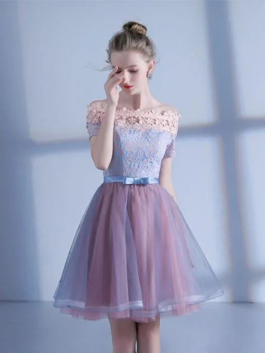 Stock Clearance Lace Homecoming Dress A Line Off-the-shoulder Short Sleeve Short Prom Dress Party Dress JK546
