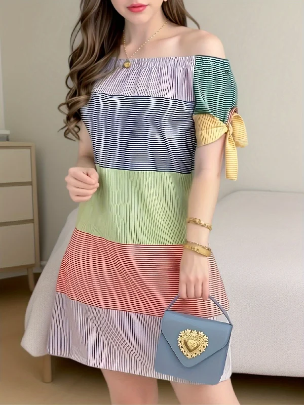 Epic Deals Color Block Striped Print Off-shoulder Dress, Casual Knot Sleeve Dress