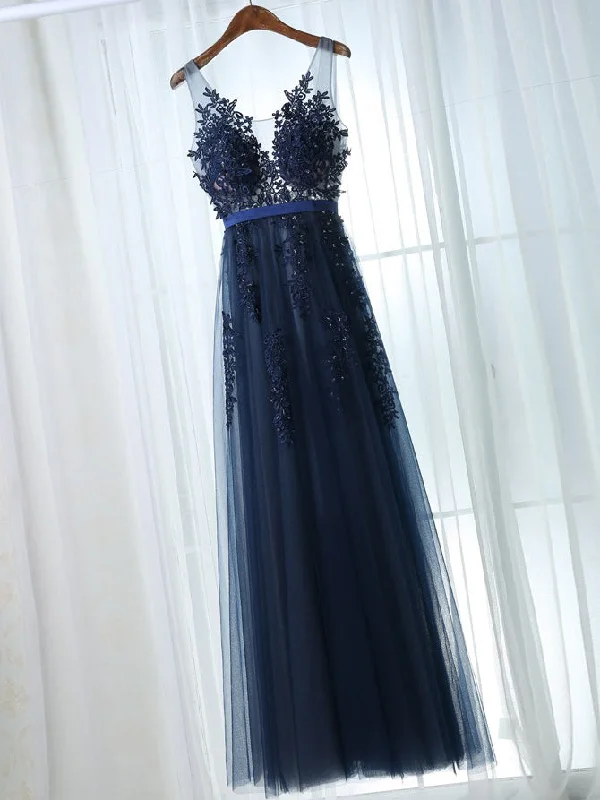 Midnight Madness Chic Prom Dresses A-line Dark Navy Appliques Prom Dress/Evening Dress JKS115
