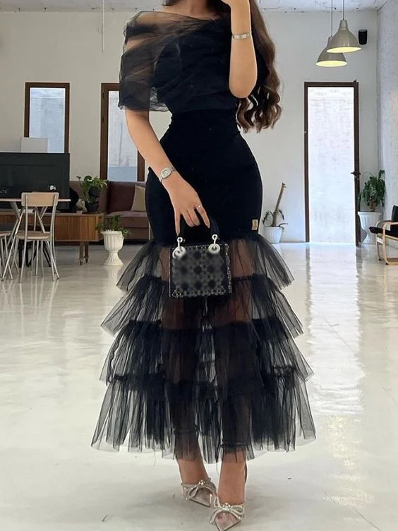 Online Exclusive printed dressprinted dressSlash Neck Half Sleeve Tulle Off Shoulder High Waist Bodycon Long Mermaid Prom Dress  Y4633