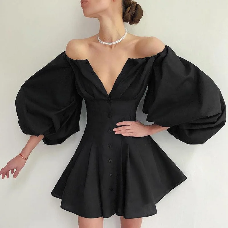 New Markdowns vintage-inspired dressvintage-inspired dressPuff sleeve one-shoulder dress slim solid color skirt New Markdowns vintage-inspired dressvintage-inspired dressPuff sleeve one-shoulder dress slim solid color skirt
