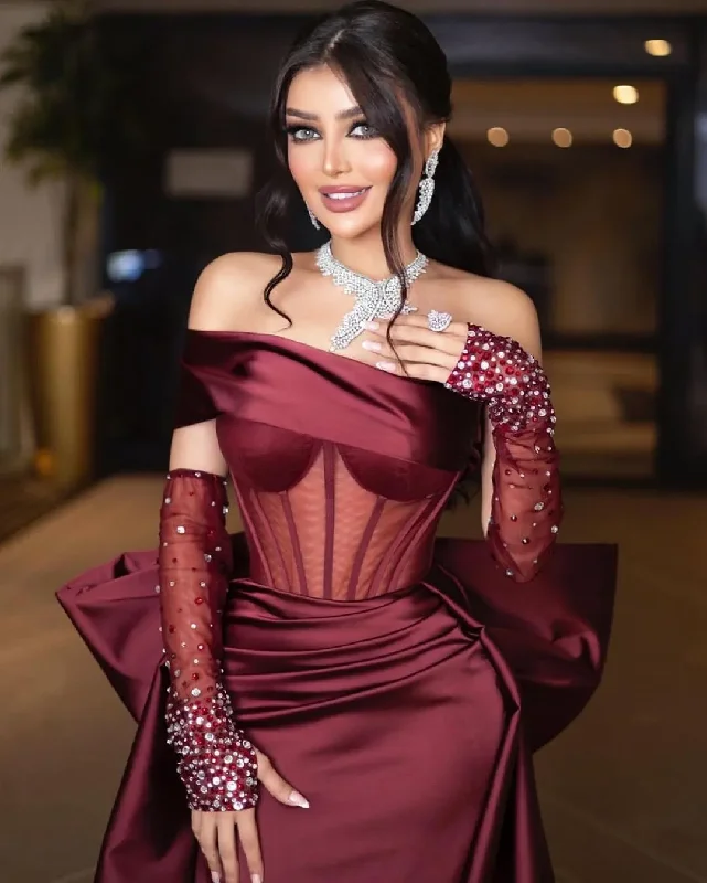 Amazing Deals casual day dresscasual day dressOne Shoulder Mermaid Dresses with Beaded Gloves for Women Elegant Party Gown Formal Prom Dresses Court Train  Y4617