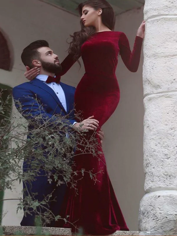 Time-Limited Offer Red prom dress Mermaid Simple Long Sleeve Long Prom Dress Evening Dress MK0503