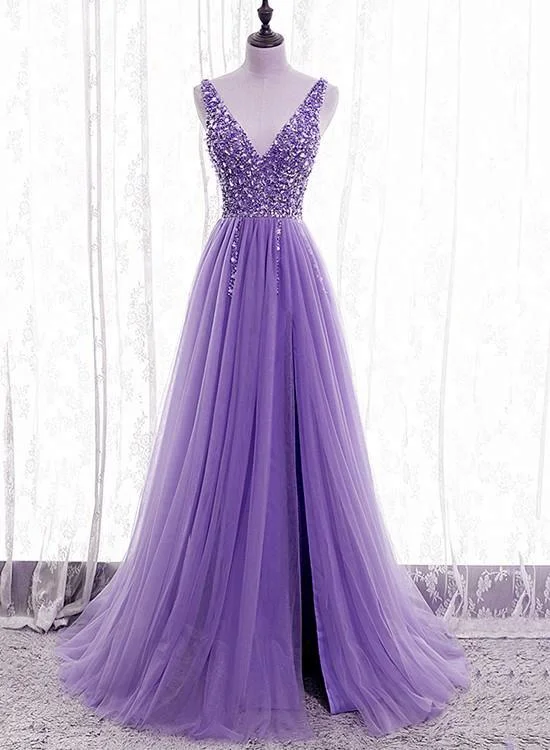 Amazing Deals playful dressplayful dressPurple Beaded V-neckline Tulle Sparkle Party Dress Evening Dress, Purple Tulle Prom Dress Y1008 Amazing Deals playful dressplayful dressPurple Beaded V-neckline Tulle Sparkle Party Dress Evening Dress, Purple Tulle Prom Dress Y1008