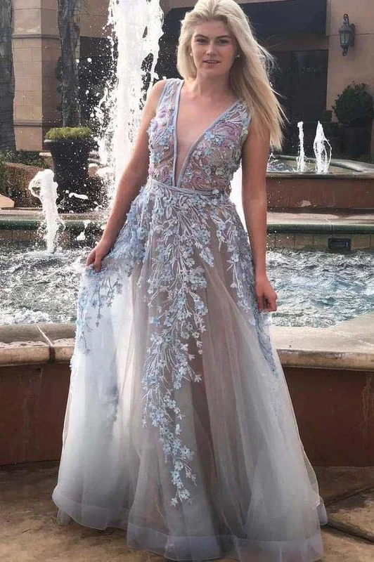 Crazy Deals A-line Floral Appliques Long Prom Dress Plunging Neckline Formal Gown GJS731