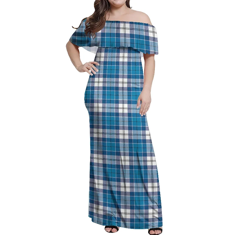 Deep Discounts Roberton Tartan Off Shoulder Long Dress