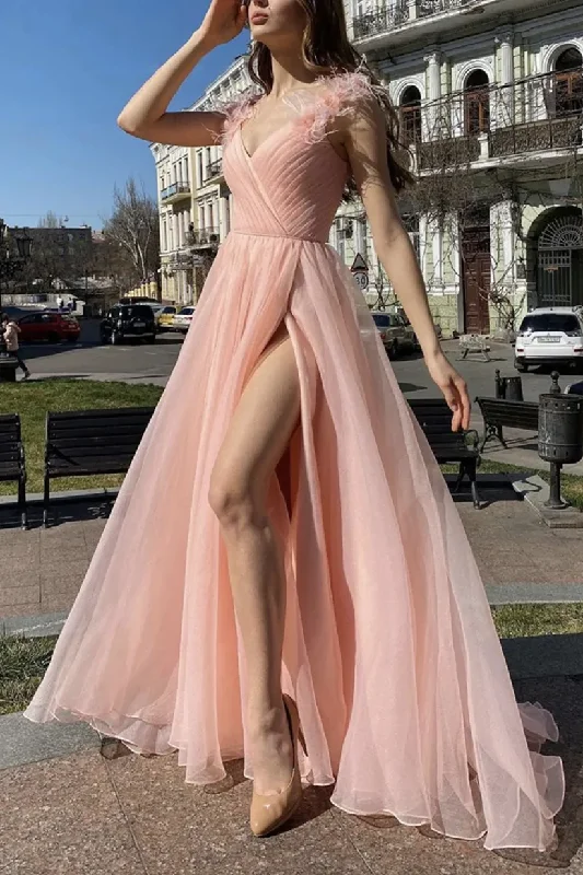 Warehouse Sale casual knit dresscasual knit dressElegant V Neck Pink Tulle Long Prom Dresses with High Slit, Pink Tulle Formal Graduation Evening Dresses Y1296