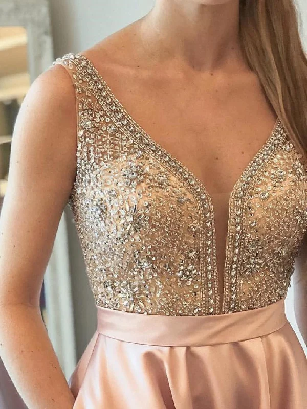 Hurry In Sexy Prom Dresses A-line V-neck Floor-length Rhinestone Pink Long Prom Dress JKL553
