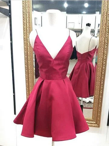 Online Only Cheap Homecoming Dress Spaghetti Straps Burgundy Sexy Short Prom Dress Party Dress JK369