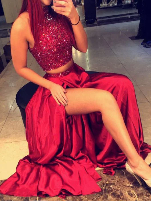 Low Prices Sexy Prom Dresses High Neck A-line Slit Long Burgundy Prom Dress/Evening Dress JKL233