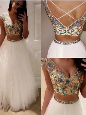 Daily Deals Two Piece Prom Dresses V-neck Floor-length Tulle Sexy Prom Dress/Evening Dress JKS169