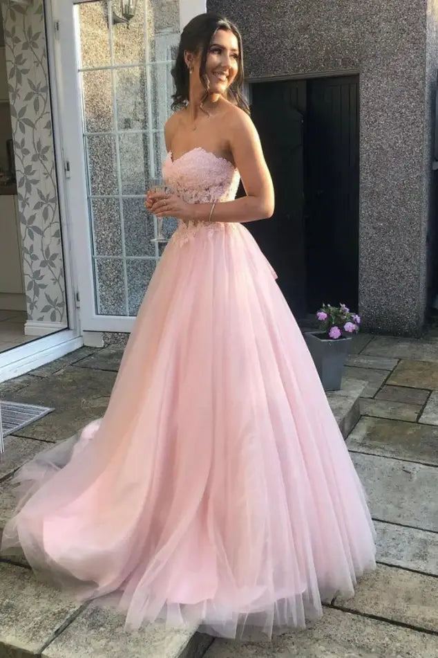 Price Cut flowy evening dressflowy evening dressPink Tulle A-Line Sweetheart Strapless Appliques Prom Dress