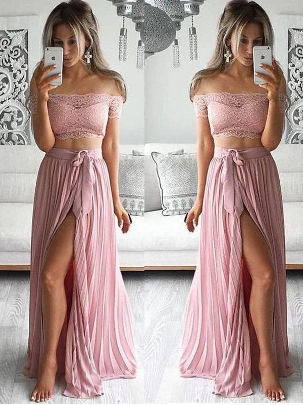 Super Bargain Two Piece prom dress Sexy Off the shoulder Lace Long Prom Dress Evening Dress with Side Slit MK511