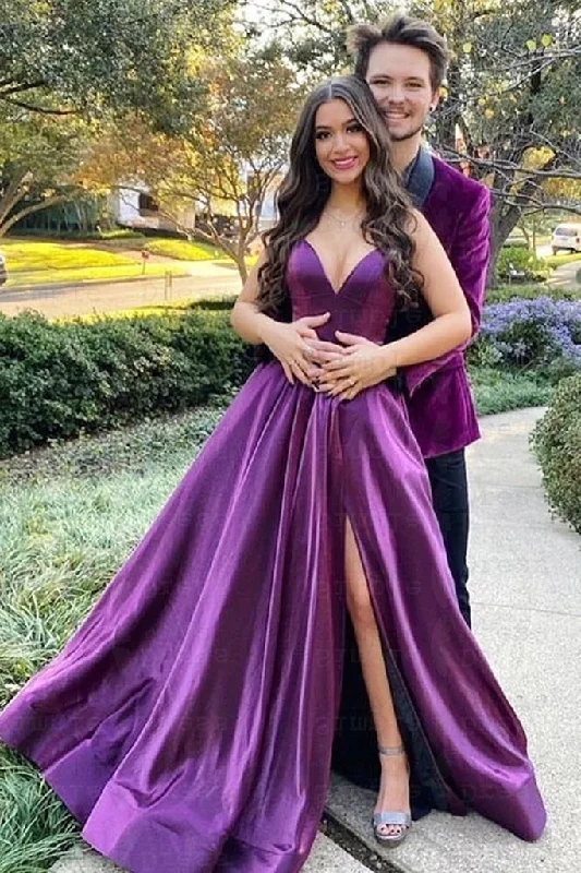 Midnight Sale V Neck Backless Purple Satin Long Prom Dress with High Slit GJS702