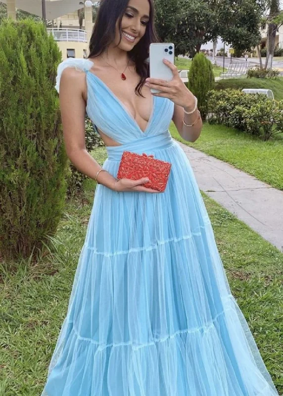 Lowest Prices trendy mini dresstrendy mini dressSimple A-line V Neck Blue Long Prom Dress Y5097