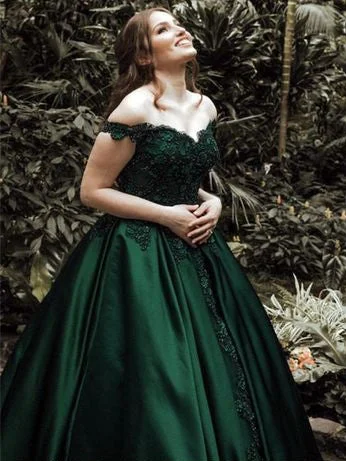 Price Drop Ball Gown Prom Dresses Off-the-shoulder Appliques Long Chic Dark Green Prom Dress JKL761