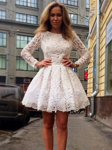 Today Only White Homecoming Dress Long Sleeve Lace Short Prom Dress Party Dress JK282