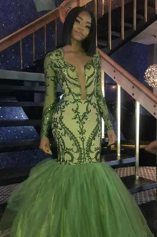 Massive Deals elegant maxi dresselegant maxi dressGreen Sequins Prom Dresses,Sexy Mermaid Long-Sleeves Evening Gowns Y1456