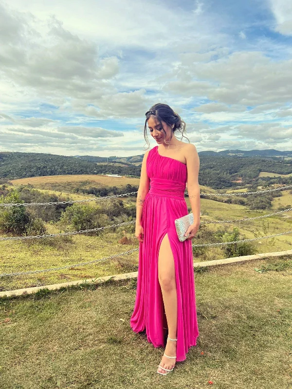 Quick Sale summer dresssummer dressBeautiful One Shoulder Hot Pink Prom Dress With Split  Y5109