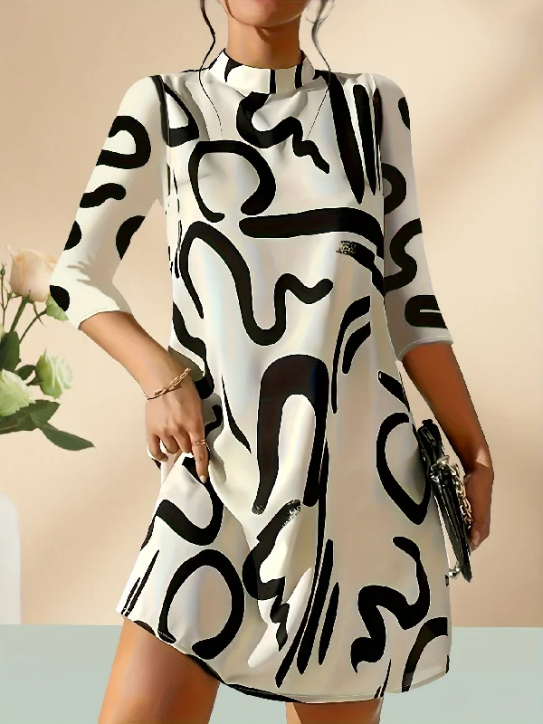 Midnight Sale Abstract Print 3/4 Sleeve Dress, Casual Mock Neck Simple Dress