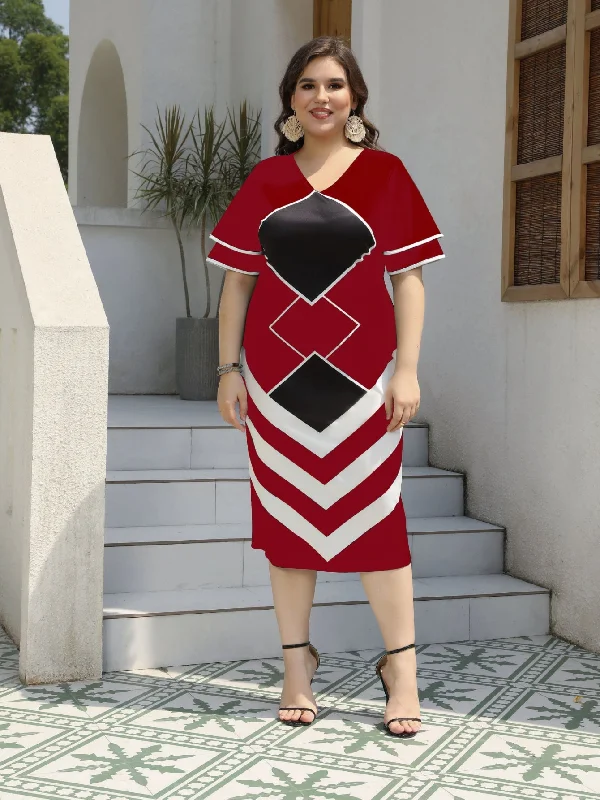 Referral Discount Casual Dress, Women's Colorblock Geometric Print Layered Ruffle Sleeve V Neck Split Hem Medium Stretch Slim Fit Midi Dress
