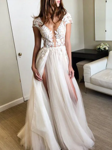 Best Bargains Sexy Prom Dresses Ivory Appliques Floor-length Tulle Prom Dress/Evening Dress JKL302