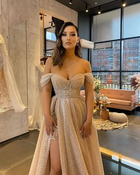Epic Deals satin dresssatin dressA-line Off Shoulder Modest Sequin Sparkly Stylish Party Evening Long Prom Dresses Y5046