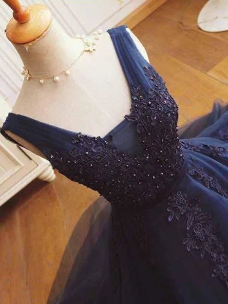 Year-End Sale Dark Navy Homecoming Dress Appliques Chic Short Prom Dress Party Dress JK454