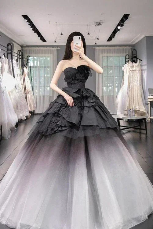 Today’s Special Ball Gown Ombre Tulle Strapless Long Prom Dresses, Tiered Quinceanera Dresses GJS753