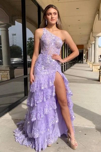 Exclusive Online Offer shift dressshift dressOne Shoulder Sleeveless Lace Appliques Tiered Long Prom Dress