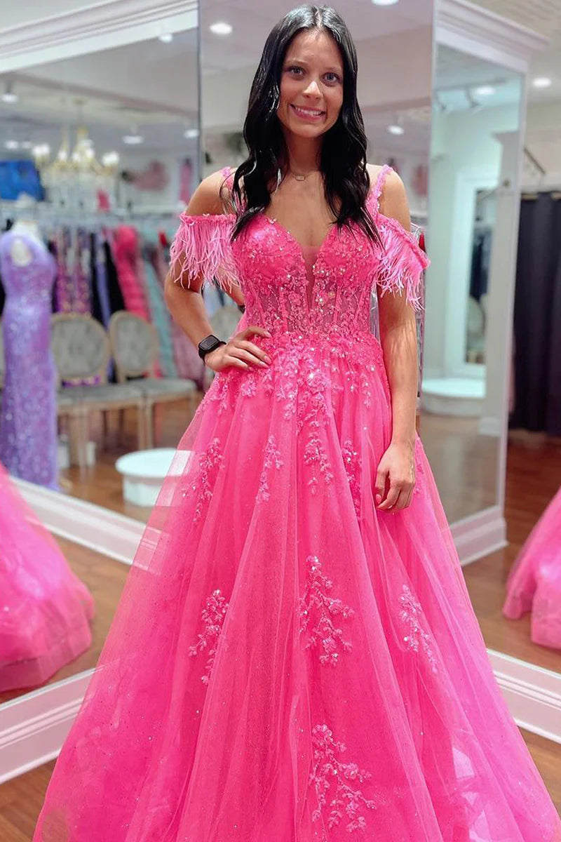 Limited Time flowy dressflowy dressTulle A-Line Feathers Off-Shoulder Appliques Prom Dress Limited Time flowy dressflowy dressTulle A-Line Feathers Off-Shoulder Appliques Prom Dress