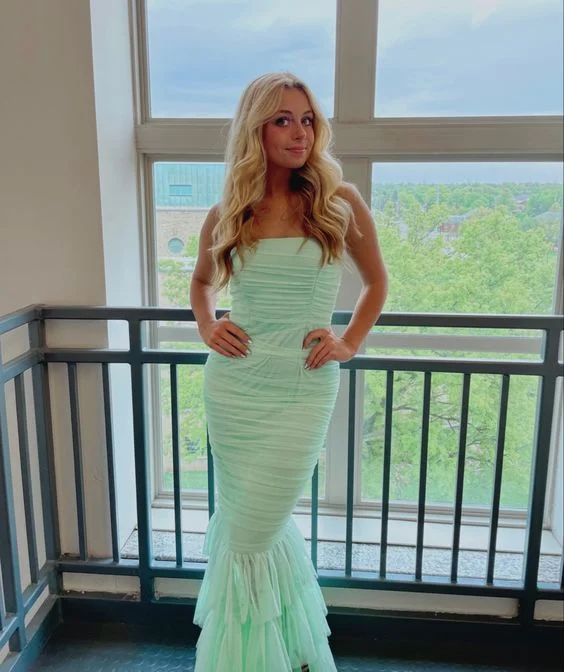 Huge Discounts elegant maxi dresselegant maxi dressMint Green Bandeau Fishtail Maxi Dress with Tiered Hem,Charming Mint Green Evening Dress  Y1526